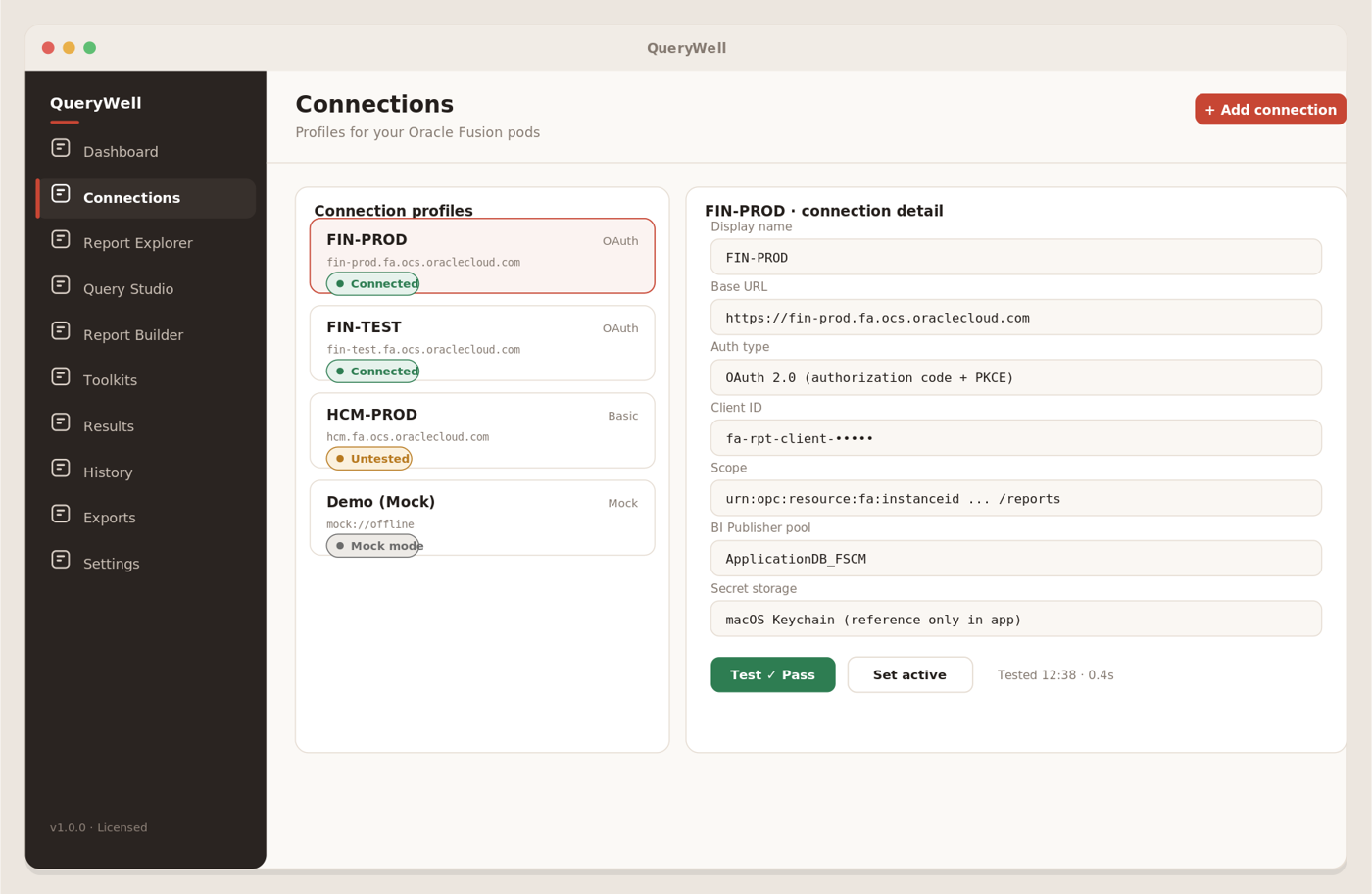 QueryWell Connections screen for creating and testing Oracle Fusion pod profiles with Basic or OAuth authentication.