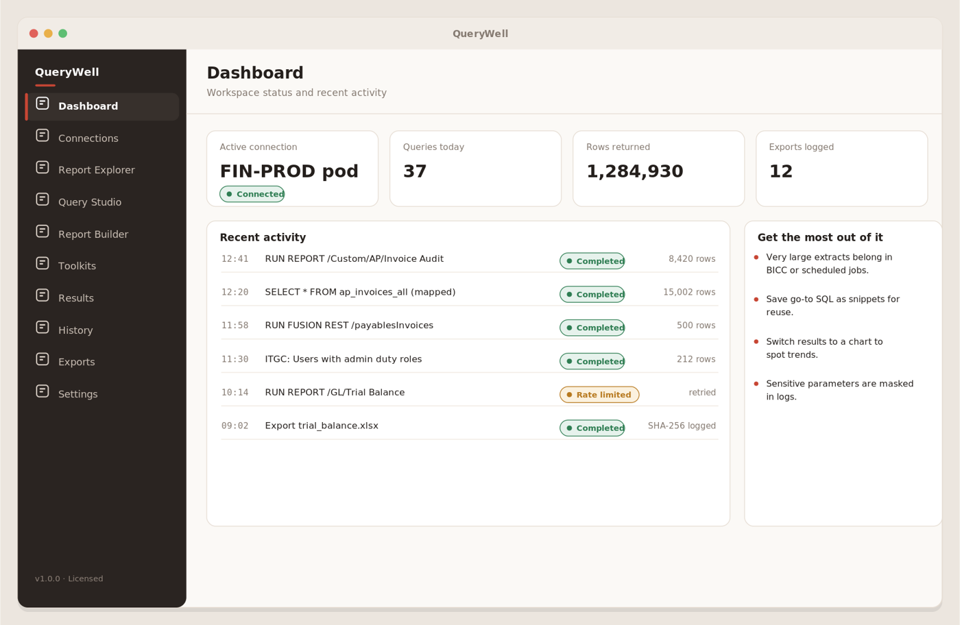 QueryWell Dashboard showing workspace status, active connection, and recent run and export activity.