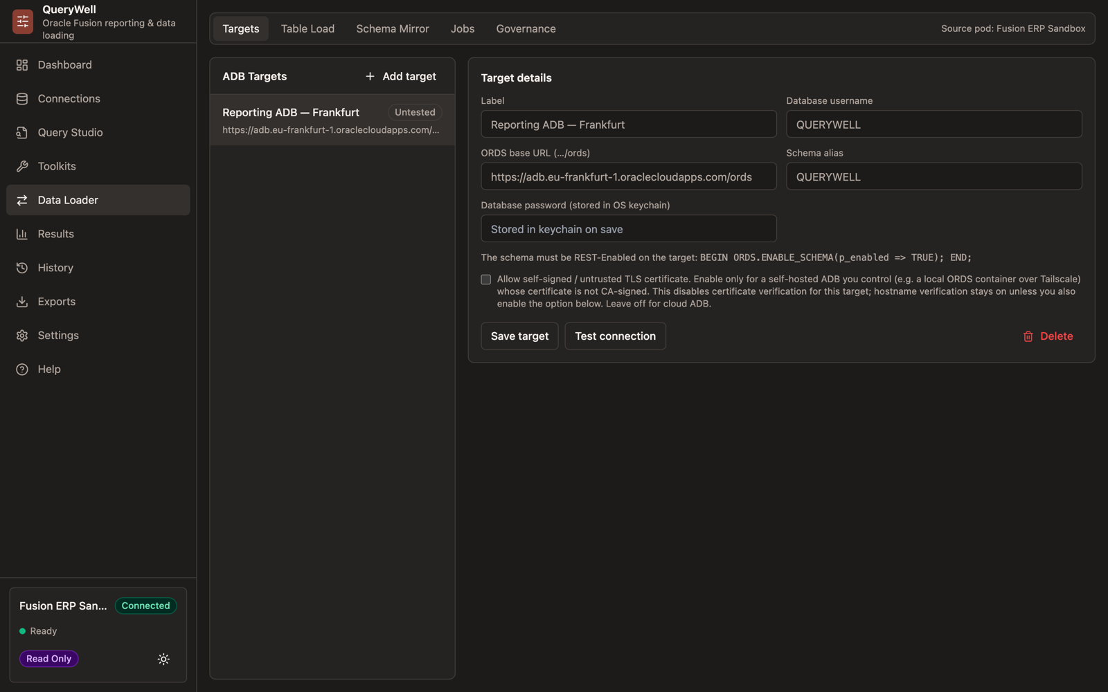 QueryWell Data Loader Targets tab: an Oracle Autonomous Database target with its ORDS base URL, schema alias, and a password stored in the OS keychain.
