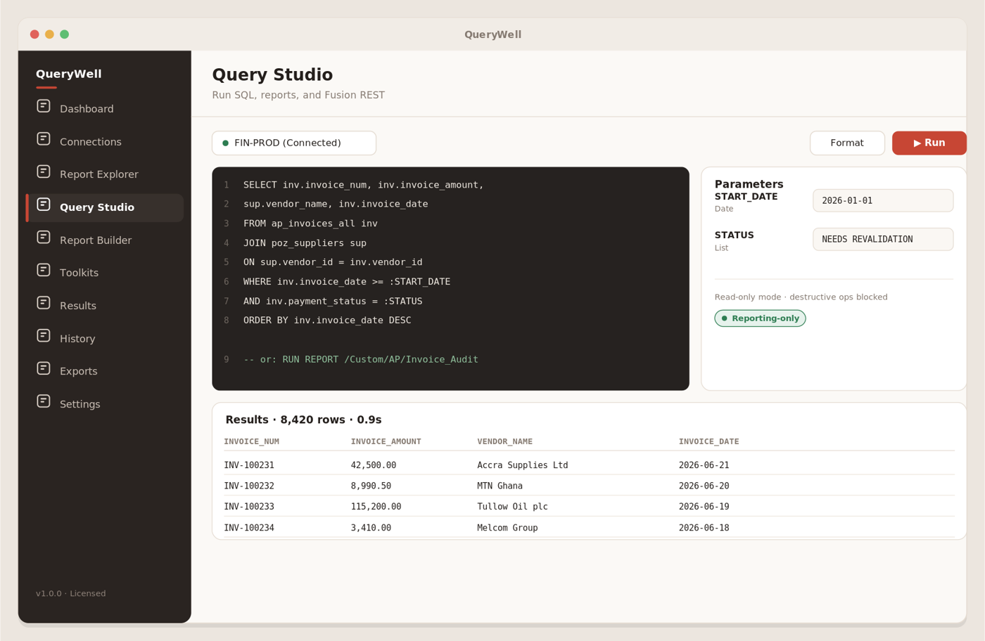 QueryWell Query Studio worksheet with a SQL editor, parameter inspector, and a fast results grid.