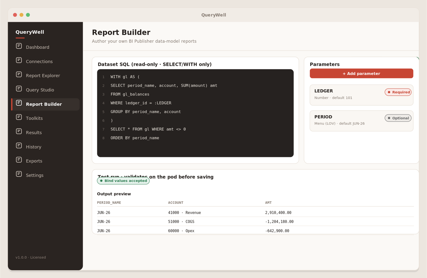 QueryWell Report Builder for authoring BI Publisher data-model reports with typed parameters.