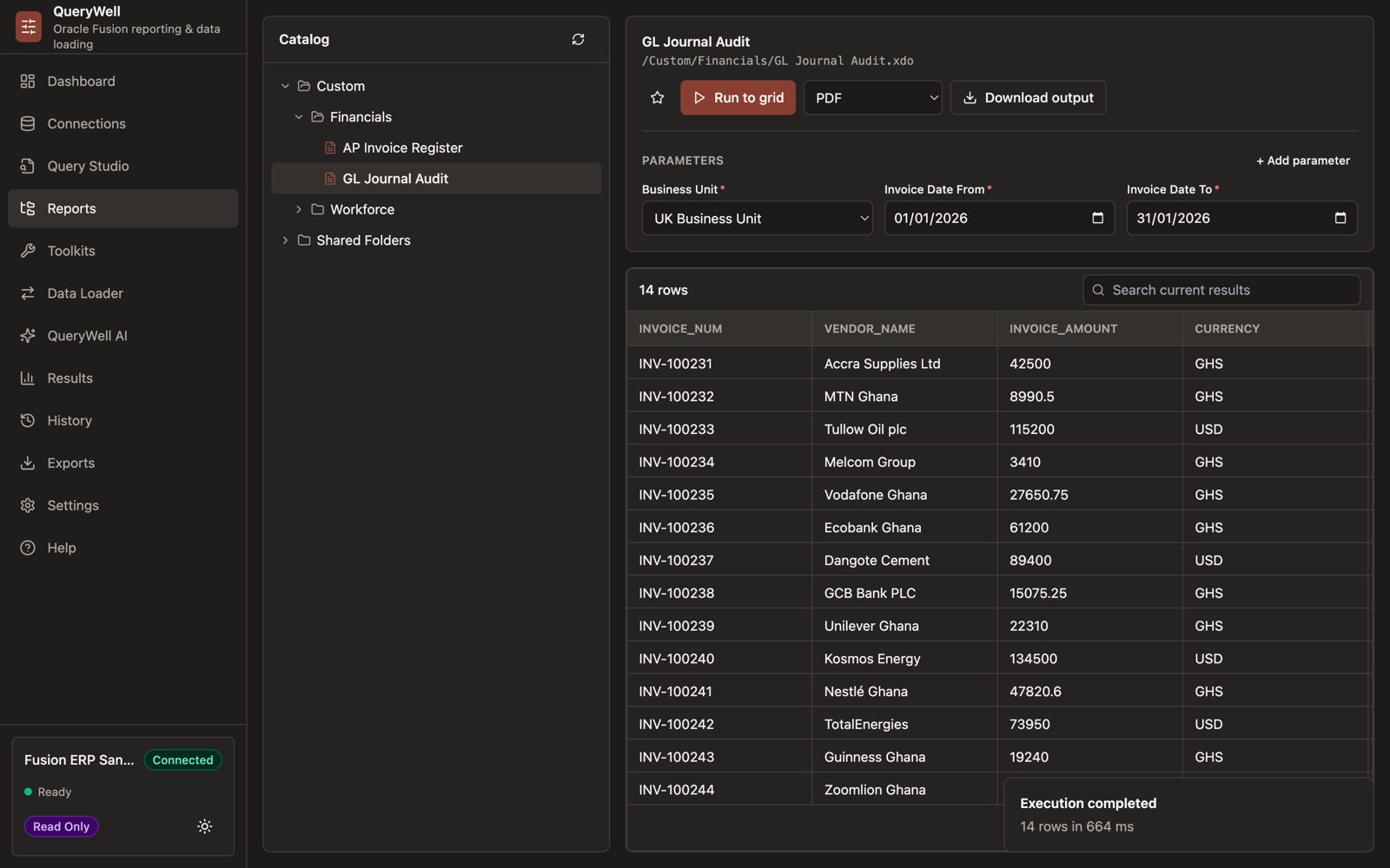 QueryWell running an existing BI Publisher catalog report with its own parameters.