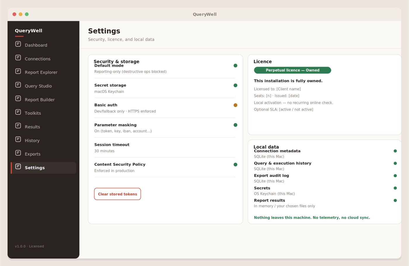 QueryWell Settings screen covering security options, licence status, and local data management.