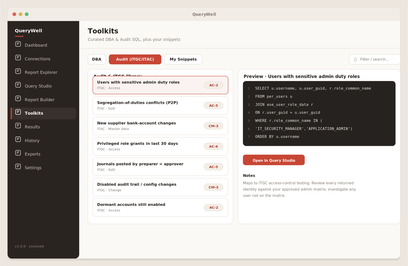 QueryWell Toolkits showing curated DBA and Audit SQL alongside saved personal snippets.